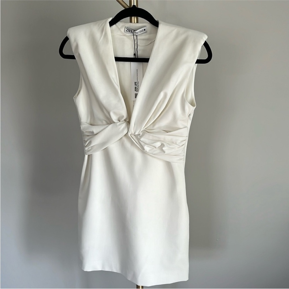 Zara White Short Dress with Shoulder Pads Knot V-Neckline Size M NWT